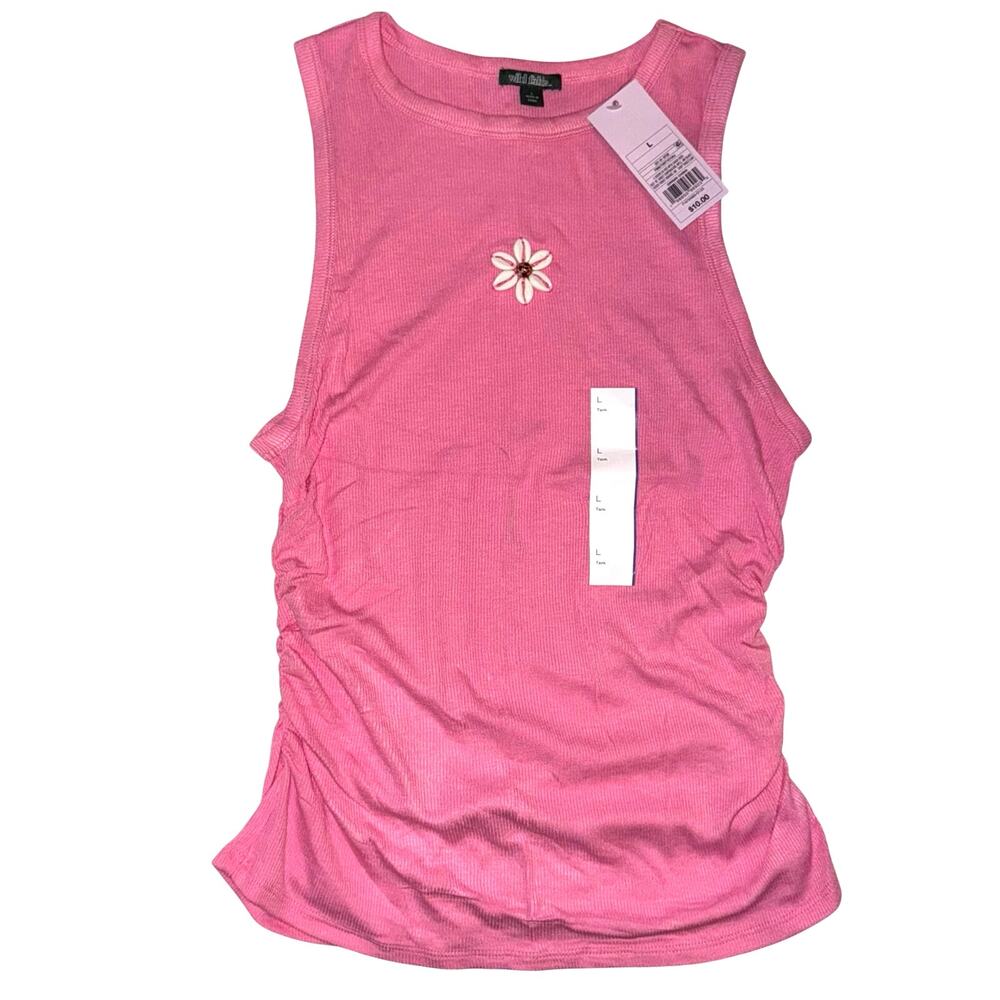 Wild Fable Pink Tank Top Shell Flower Embellishment Side Ruching Large NWT
